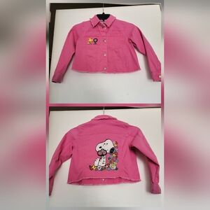 Peanuts Embroidered Graphic Cropped Pink‎ Denim Cotton Girls Jacket Size 7